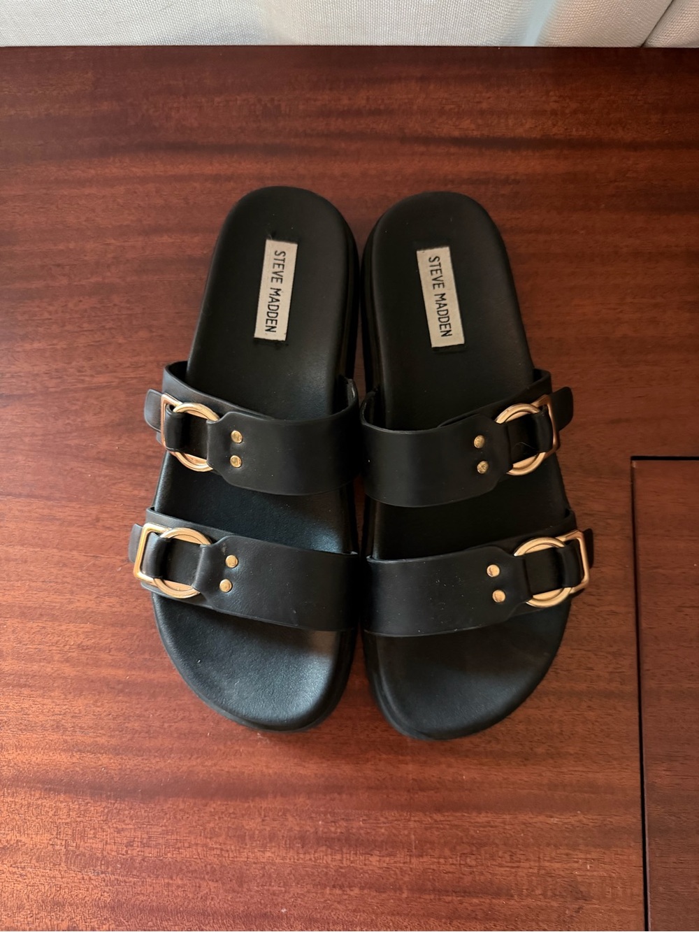 Steve Madden Black Double-Strap Slide Sandals with Gold Buckles